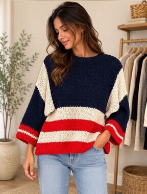 Sandro Pullover Sweater Women's SZ 2 Medium Red Navy Colorblock 3/4 Sleeves